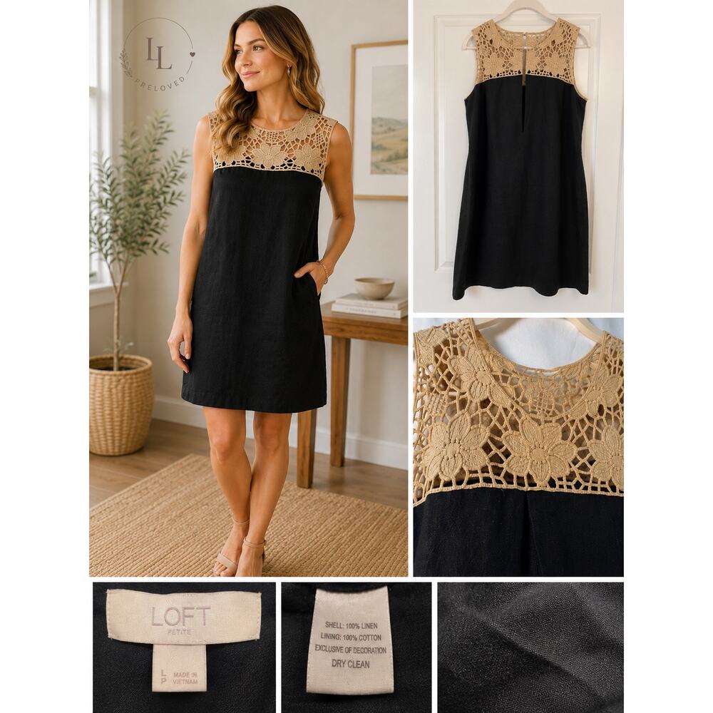 Loft Petite Black Linen Shift Dress Crochet Lace Overlay Sleeveless Women’s L